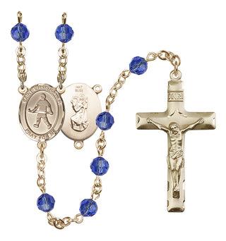 14 Karat Gold 6mm Austrian Crystal Saint Christopher / Field Hockey Rosary in Sapphire