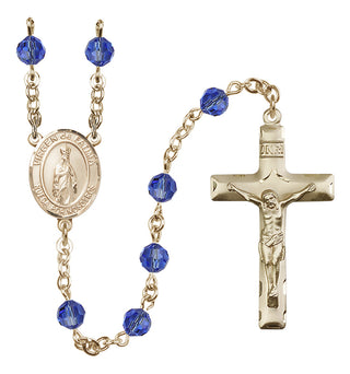 14 Karat Gold 6mm Austrian Crystal Virgen del Fatima Rosary in Sapphire