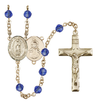 14 Karat Gold 6mm Austrian Crystal Virgen de Guadalupe Rosary in Sapphire