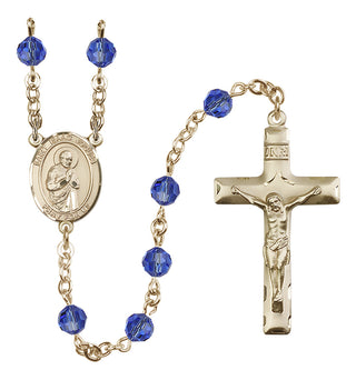 14 Karat Gold 6mm Austrian Crystal Saint Isaac Jogues Rosary in Sapphire