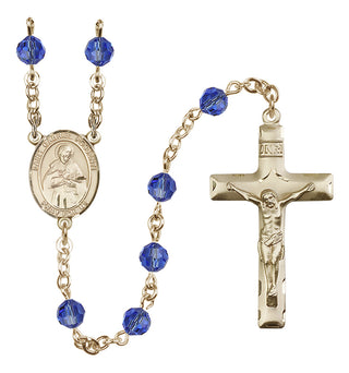 14 Karat Gold 6mm Austrian Crystal Saint Gabriel Possenti Rosary in Sapphire