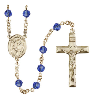 14 Karat Gold 6mm Austrian Crystal Saint Dunstan Rosary in Sapphire
