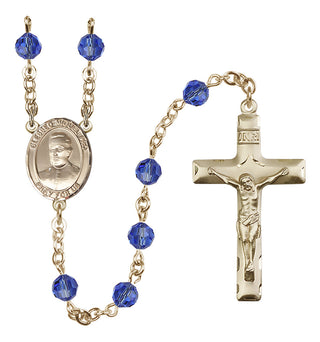 14 Karat Gold 6mm Austrian Crystal Blessed Miguel Pro Rosary in Sapphire