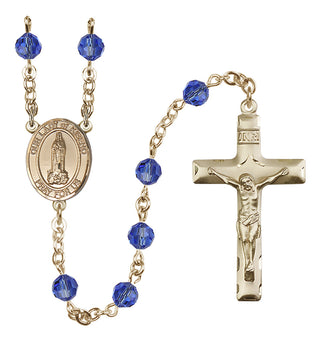 14 Karat Gold 6mm Austrian Crystal Our Lady of Kibeho Rosary in Sapphire