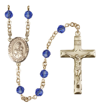 14 Karat Gold 6mm Austrian Crystal Our Lady of Czestochowa Rosary in Sapphire