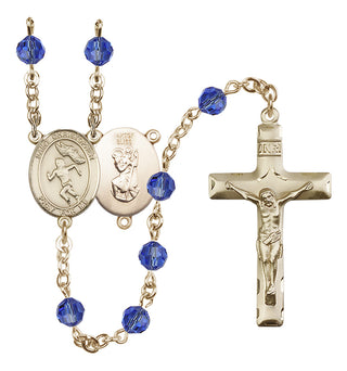 14 Karat Gold 6mm Austrian Crystal Saint Christopher/Track&Field-Women Rosary in Sapphire