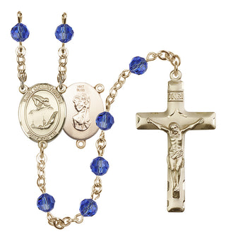 14 Karat Gold 6mm Austrian Crystal Saint Christopher/Gymnastics Rosary in Sapphire