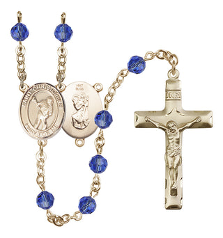 14 Karat Gold 6mm Austrian Crystal Saint Christopher/Lacrosse Rosary in Sapphire