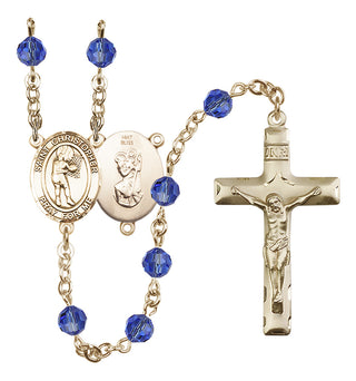 14 Karat Gold 6mm Austrian Crystal Saint Christopher/Basketball-Women Rosary in Sapphire