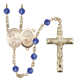 14 Karat Gold 6mm Austrian Crystal Saint Sebastian / Soccer Rosary in Sapphire