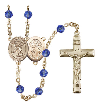 14 Karat Gold 6mm Austrian Crystal Saint Sebastian/Swimming Rosary in Sapphire