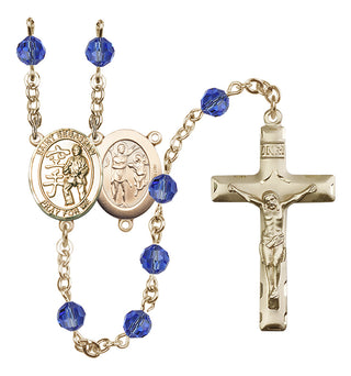 14 Karat Gold 6mm Austrian Crystal Saint Sebastian/Karate Rosary in Sapphire