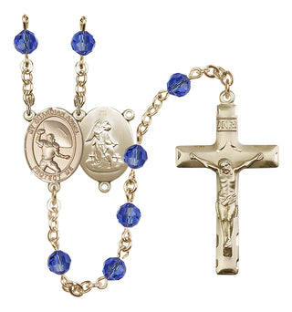 14 Karat Gold 6mm Austrian Crystal Guardian Angel/Track&Field-Women Rosary in Sapphire