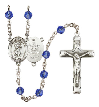 Sterling Silver 6mm Austrian Crystal Saint Christopher / Army Rosary in Sapphire