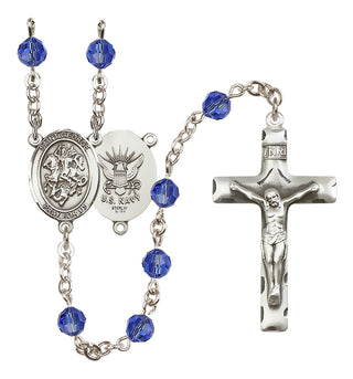 Sterling Silver 6mm Austrian Crystal Saint George / Navy Rosary in Sapphire