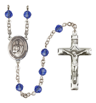 Sterling Silver 6mm Austrian Crystal San Judas Rosary in Sapphire