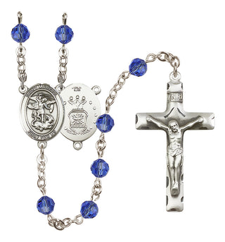 Sterling Silver 6mm Austrian Crystal Saint Michael / Air Force Rosary in Sapphire
