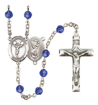 Sterling Silver 6mm Austrian Crystal Saint Christopher/Cheerleading Rosary in Sapphire