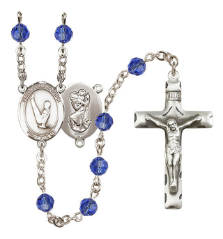 Sterling Silver 6mm Austrian Crystal Saint Christopher/Gymnastics Rosary in Sapphire