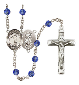 Sterling Silver 6mm Austrian Crystal Saint Christopher/Golf Rosary in Sapphire