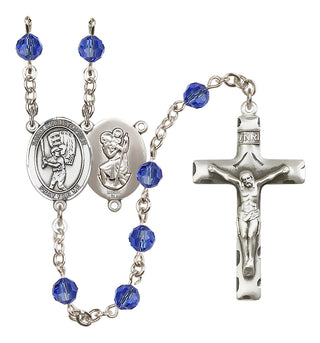 Sterling Silver 6mm Austrian Crystal Saint Christopher/Baseball Rosary in Sapphire