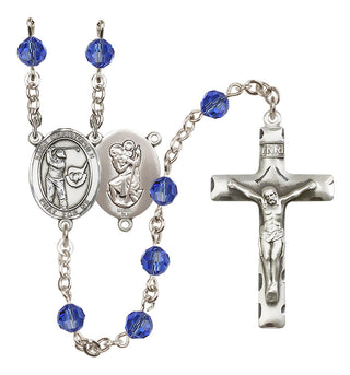 Sterling Silver 6mm Austrian Crystal Saint Christopher/Golf Rosary in Sapphire