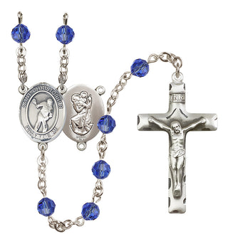 Sterling Silver 6mm Austrian Crystal Saint Christopher/Lacrosse Rosary in Sapphire