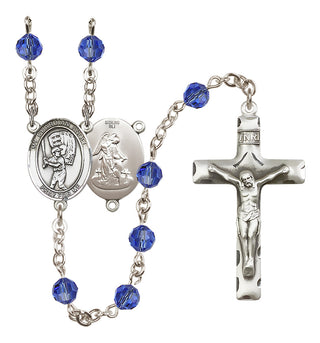 Sterling Silver 6mm Austrian Crystal Guardian Angel/Baseball Rosary in Sapphire