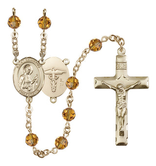 14 Karat Gold-Filled 6mm Austrian Crystal Saint Camillus of Lellis / Nurse Rosary in Topaz