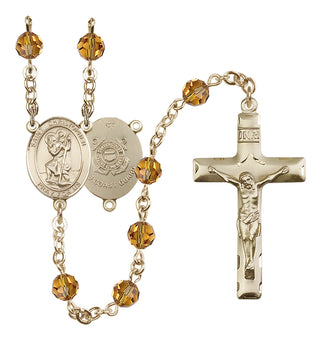 14 Karat Gold-Filled 6mm Austrian Crystal Saint Christopher / Coast Guard Rosary in Topaz