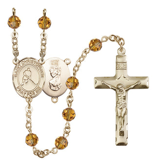 14 Karat Gold-Filled 6mm Austrian Crystal Saint Christopher/Ice Hockey Rosary in Topaz
