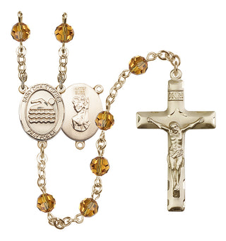 14 Karat Gold-Filled 6mm Austrian Crystal Saint Christopher/Swimming Rosary in Topaz