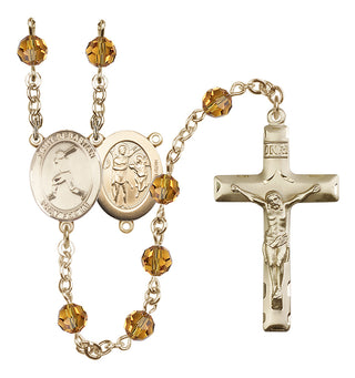 14 Karat Gold-Filled 6mm Austrian Crystal Saint Sebastian/Baseball Rosary in Topaz