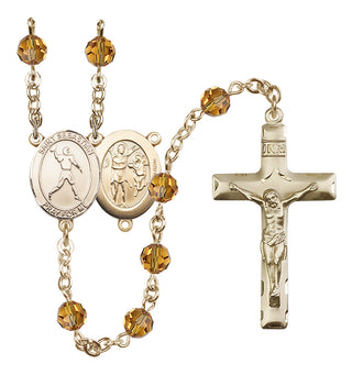 14 Karat Gold-Filled 6mm Austrian Crystal Saint Sebastian/Football Rosary in Topaz