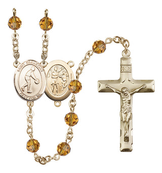 14 Karat Gold-Filled 6mm Austrian Crystal Saint Sebastian/Basketball Rosary in Topaz