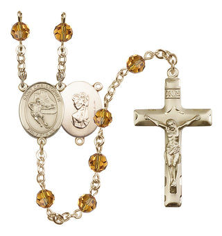 14 Karat Gold-Filled 6mm Austrian Crystal Saint Christopher/Hockey Rosary in Topaz