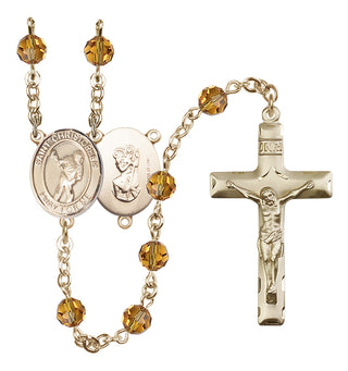 14 Karat Gold-Filled 6mm Austrian Crystal Saint Christopher/Lacrosse Rosary in Topaz