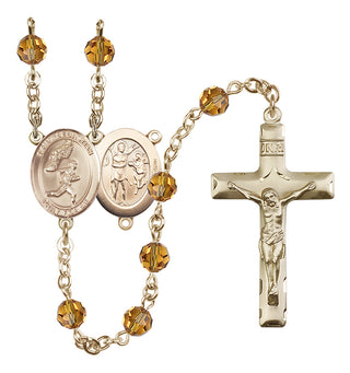 14 Karat Gold-Filled 6mm Austrian Crystal Saint Sebastian /Track&Field-Men Rosary in Topaz