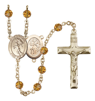 14 Karat Gold-Filled 6mm Austrian Crystal Saint Sebastian /Track&Field-Women Rosary in Topaz