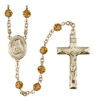 14 Karat Gold 6mm Austrian Crystal Saint Frances Cabrini Rosary in Topaz