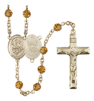 14 Karat Gold 6mm Austrian Crystal Saint George / Coast Guard Rosary in Topaz