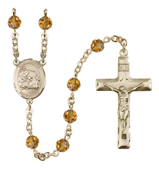 14 Karat Gold 6mm Austrian Crystal Saint Joshua Rosary in Topaz