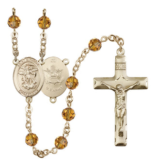 14 Karat Gold 6mm Austrian Crystal Saint Michael / Army Rosary in Topaz