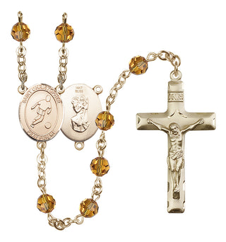 14 Karat Gold 6mm Austrian Crystal Saint Christopher/Soccer Rosary in Topaz