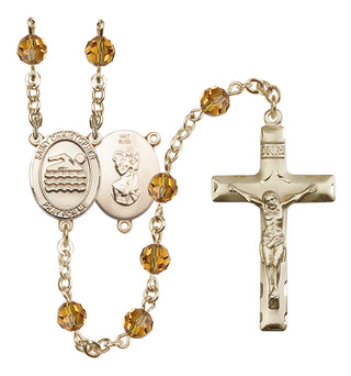 14 Karat Gold 6mm Austrian Crystal Saint Christopher/Swimming Rosary in Topaz