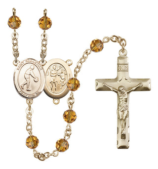 14 Karat Gold 6mm Austrian Crystal Saint Sebastian/Basketball Rosary in Topaz