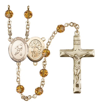 14 Karat Gold 6mm Austrian Crystal Saint Sebastian/Soccer Rosary in Topaz