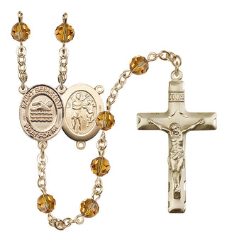 14 Karat Gold 6mm Austrian Crystal Saint Sebastian/Swimming Rosary in Topaz