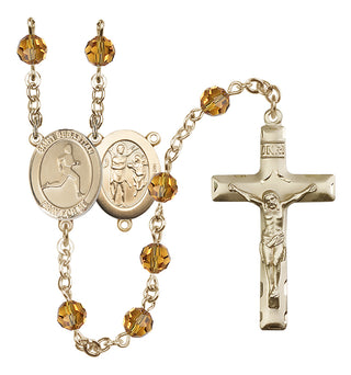 14 Karat Gold 6mm Austrian Crystal Saint Sebastian/Track & Field Rosary in Topaz