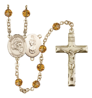 14 Karat Gold 6mm Austrian Crystal Saint Christopher/Motorcycle Rosary in Topaz